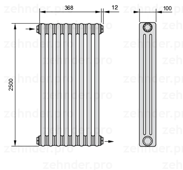 Схема (чертеж) Радиатор Zehnder Charleston 3250/8 №1670 Белый глянцевый RAL 9016